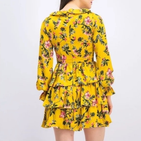 Avec Les Filles Marigold Mustard Yellow Floral Ruffle Detail Mini Dress - Picture 3 of 16